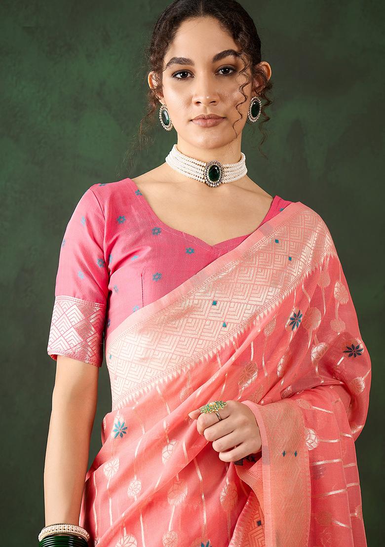 Peach Embroidered Cotton Blend Saree Set - Indya