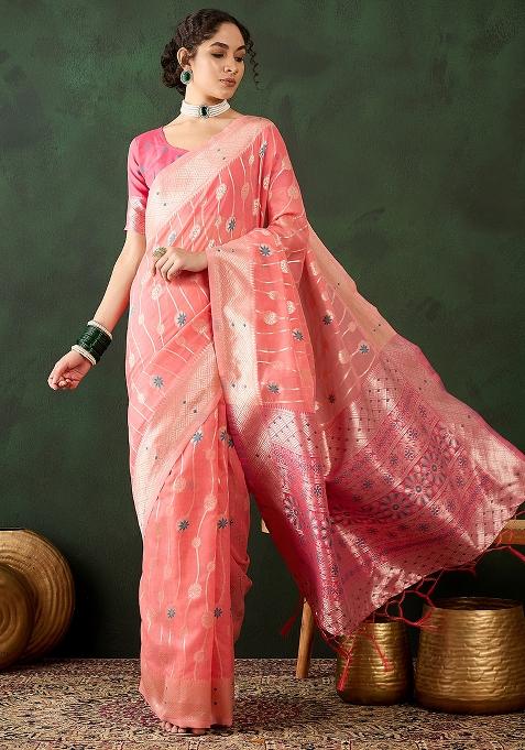 Peach Embroidered Cotton Blend Saree Set