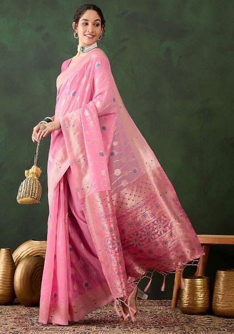 Pink Embroidered Cotton Blend Saree Set