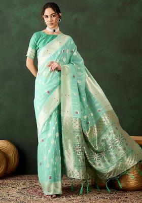 Sea Green Embroidered Cotton Blend Saree Set