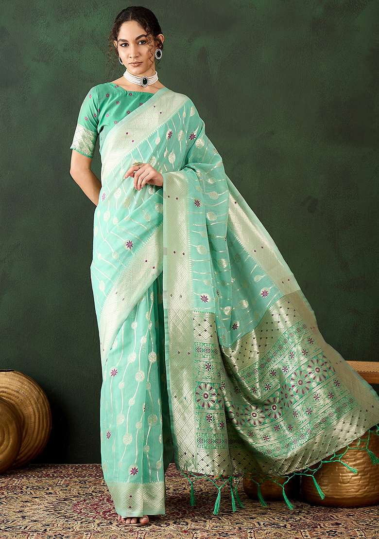 Sea Green Embroidered Cotton Blend Saree Set for Diwali and Festive Wear - Indya