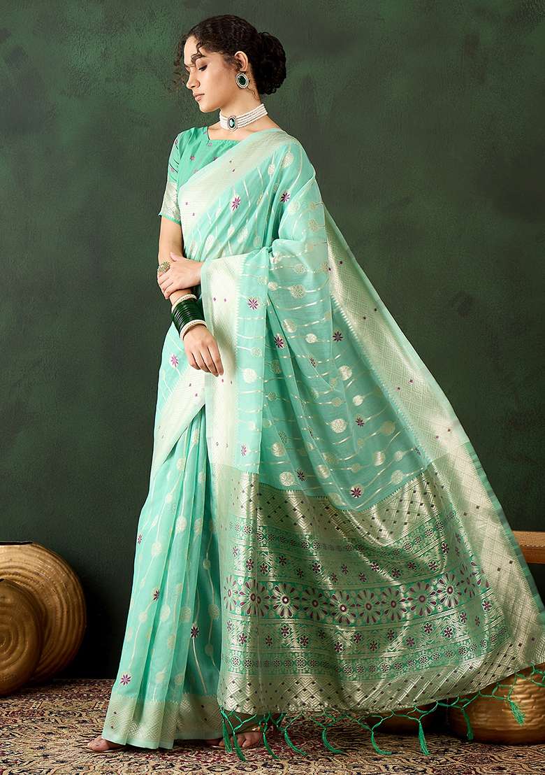 Sea Green Embroidered Cotton Blend Saree Set for Diwali and Festive Wear - Indya