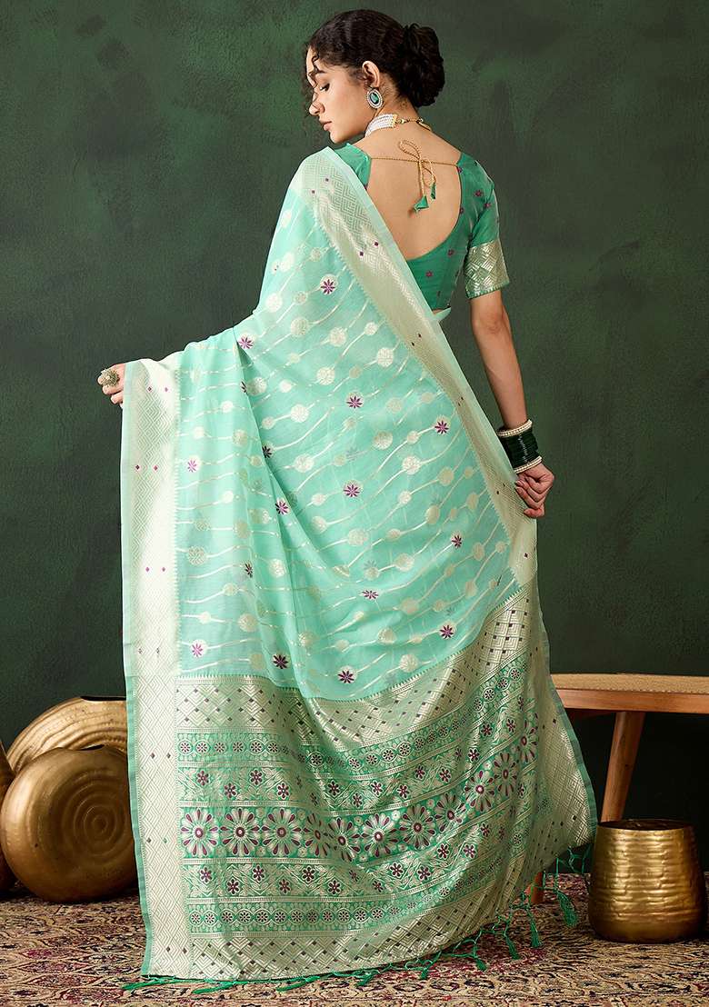 Sea Green Embroidered Cotton Blend Saree Set for Diwali and Festive Wear - Indya