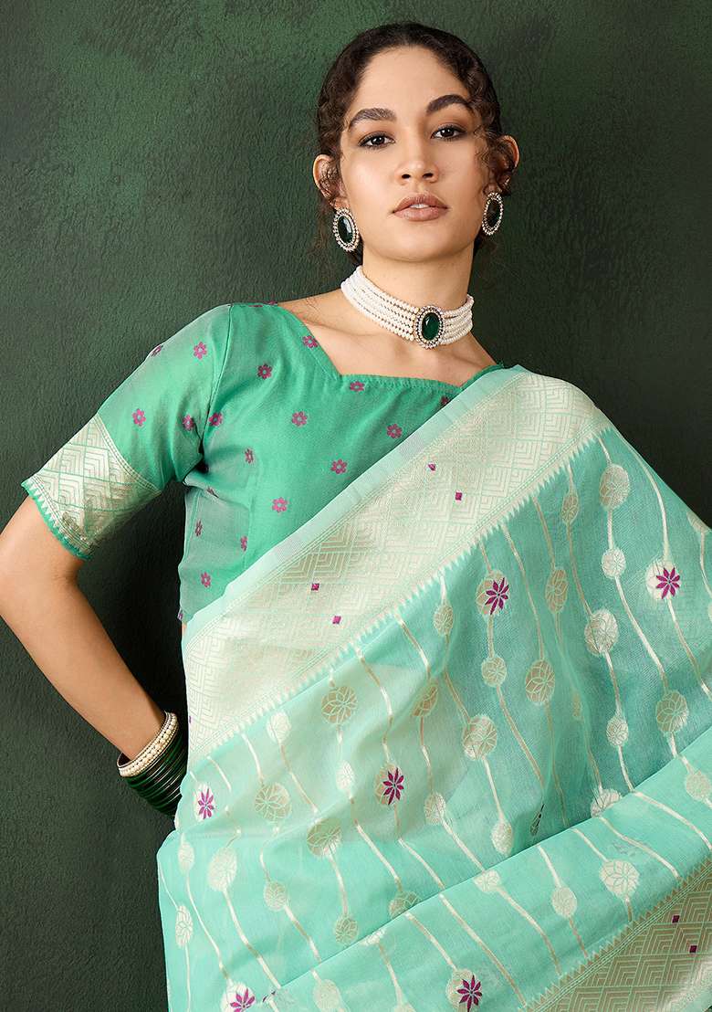 Sea Green Embroidered Cotton Blend Saree Set for Diwali and Festive Wear - Indya