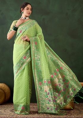 Green Embroidered Cotton Blend Saree Set