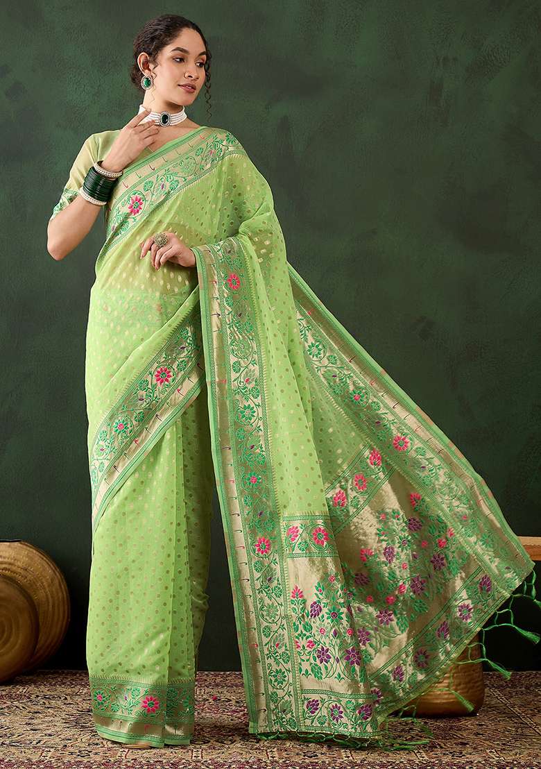Green Embroidered Cotton Blend Saree Set - Indya