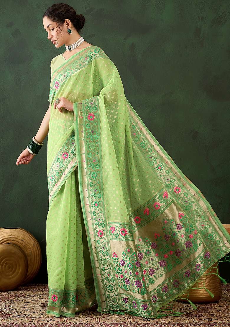 Green Embroidered Cotton Blend Saree Set - Indya