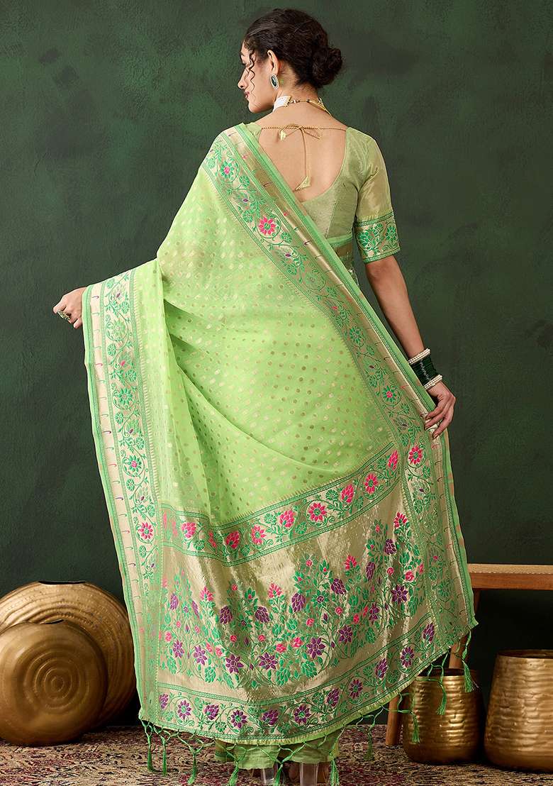 Green Embroidered Cotton Blend Saree Set - Indya