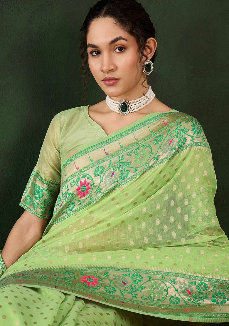 Green Embroidered Cotton Blend Saree Set - Indya
