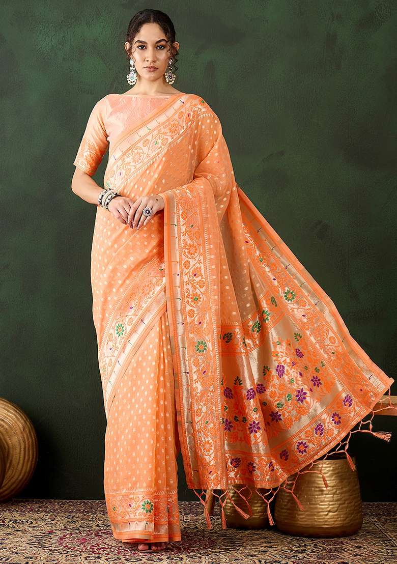 Orange Blend Cotton Saree Set with Embroidered for Diwali | Wedding & Festive Wear - Indya