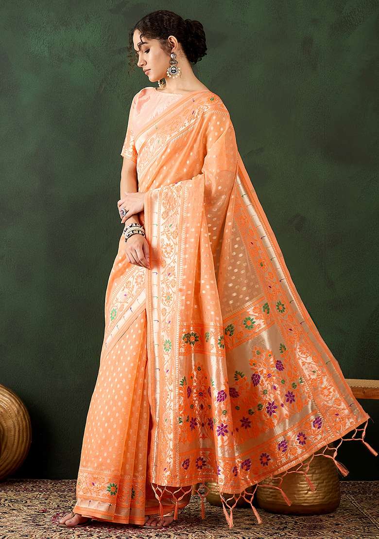Orange Blend Cotton Saree Set with Embroidered for Diwali | Wedding & Festive Wear - Indya