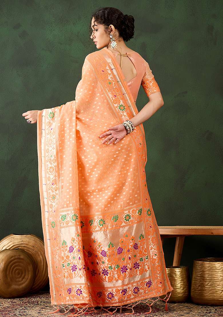 Orange Blend Cotton Saree Set with Embroidered for Diwali | Wedding & Festive Wear - Indya