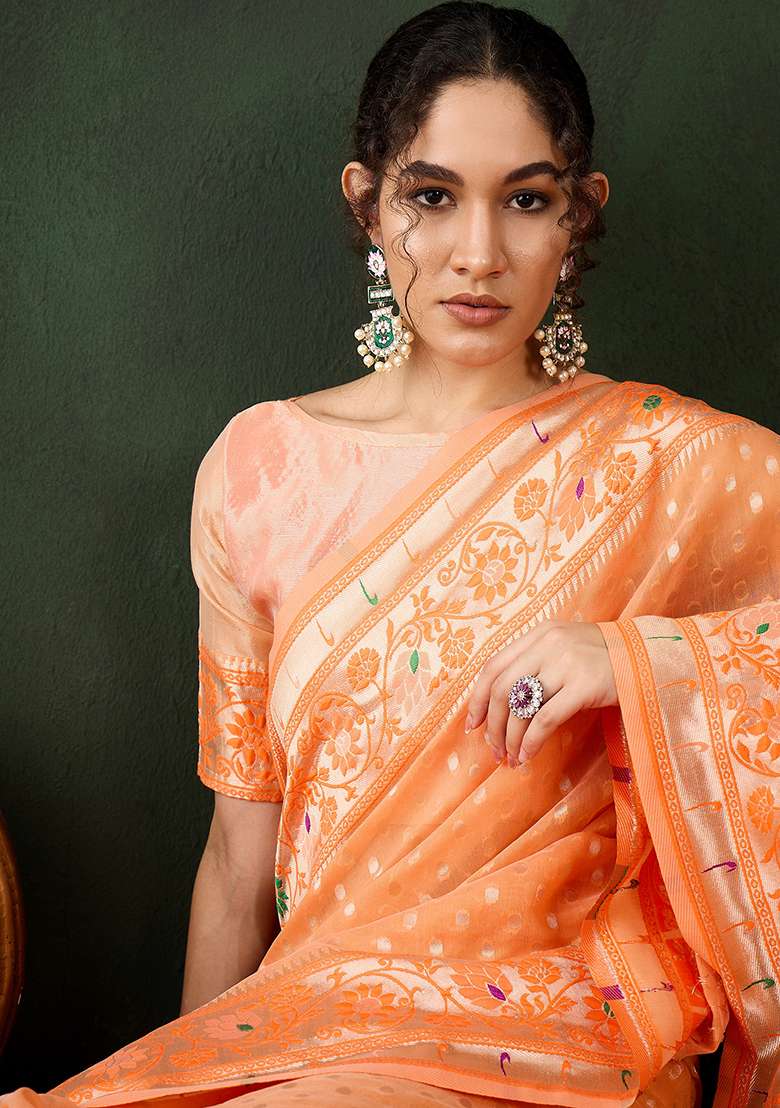 Orange Blend Cotton Saree Set with Embroidered for Diwali | Wedding & Festive Wear - Indya