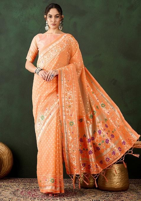 Orange Embroidered Cotton Blend Saree Set