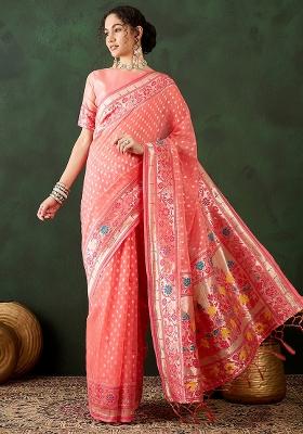 Peach Embroidered Cotton Blend Saree Set