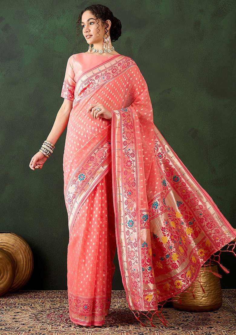 Peach Embroidered Cotton Blend Saree Set - Indya
