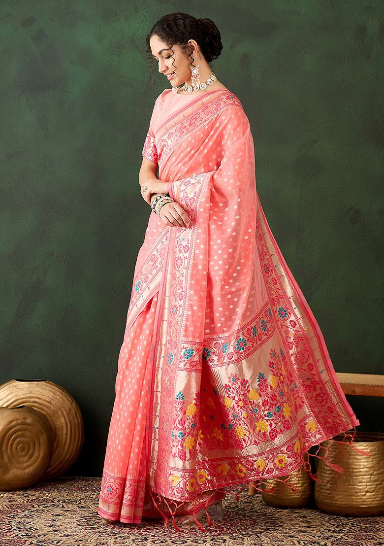 Peach Embroidered Cotton Blend Saree Set - Indya