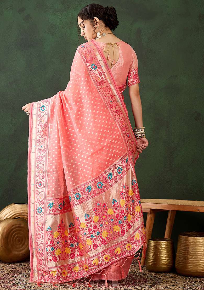 Peach Embroidered Cotton Blend Saree Set - Indya