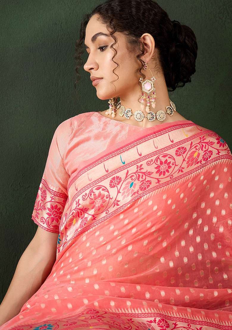 Peach Embroidered Cotton Blend Saree Set - Indya