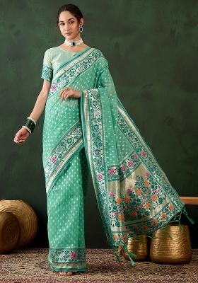 Sea Green Embroidered Cotton Blend Saree Set