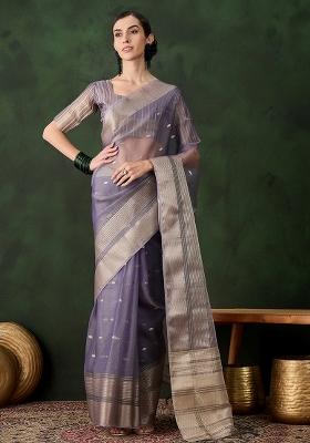 Lavender Embroidered Oragnza Saree Set