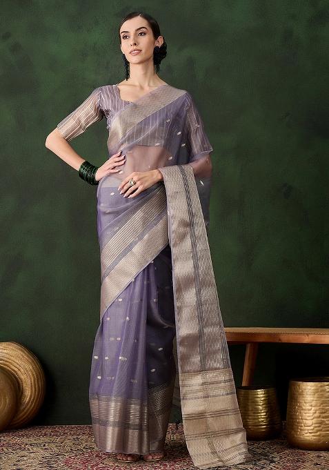 Lavender Embroidered Oragnza Saree Set