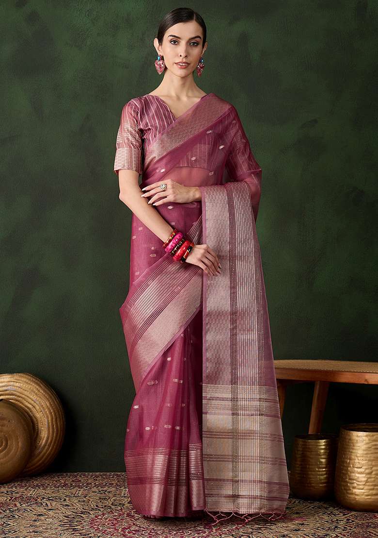 Magenta Embroidered Oragnza Saree Set for Diwali and Festive Wear - Indya