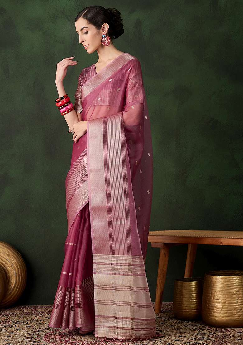 Magenta Embroidered Oragnza Saree Set for Diwali and Festive Wear - Indya