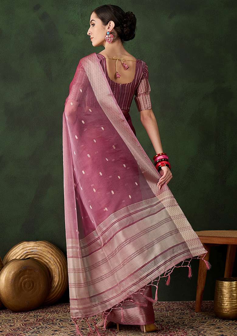 Magenta Embroidered Oragnza Saree Set for Diwali and Festive Wear - Indya