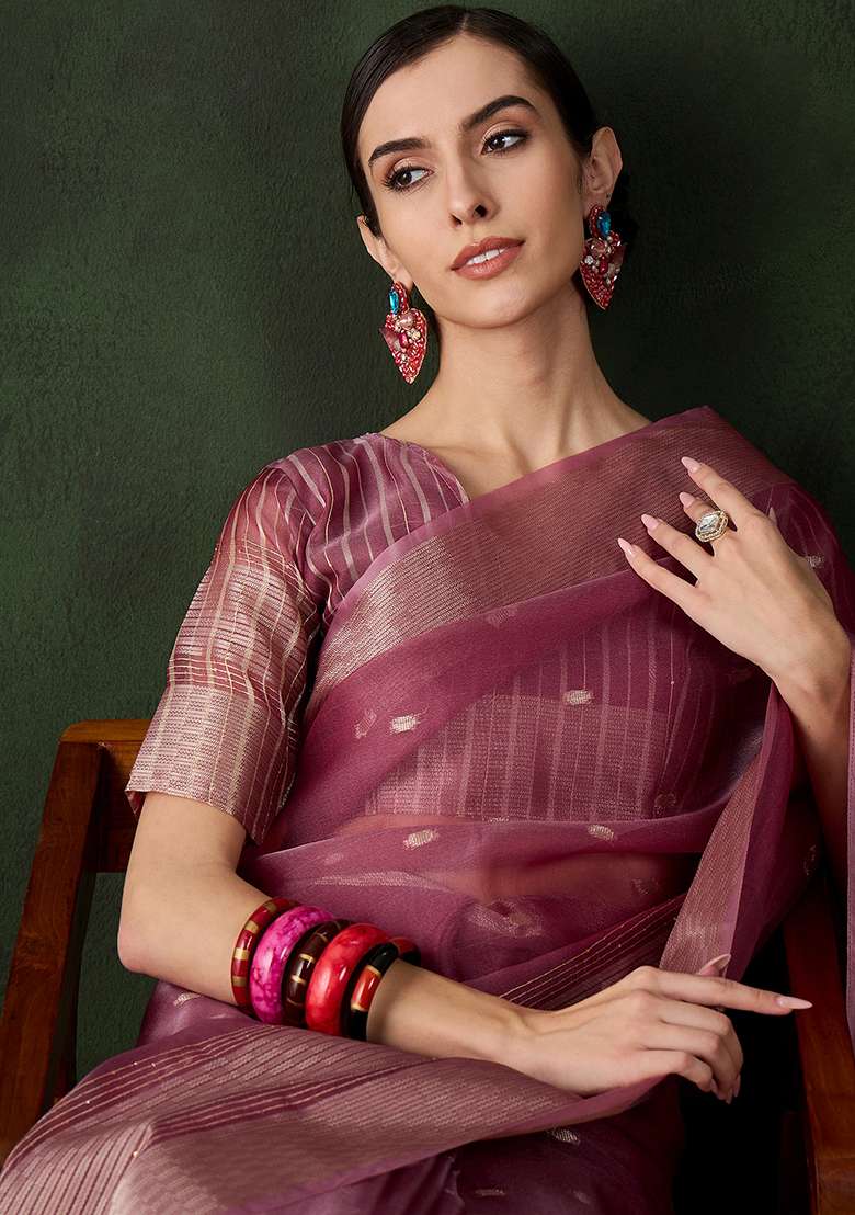 Magenta Embroidered Oragnza Saree Set for Diwali and Festive Wear - Indya