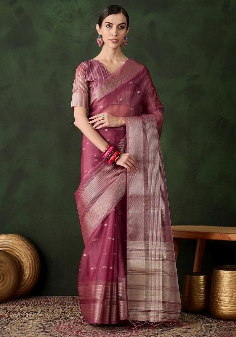 Magenta Embroidered Oragnza Saree Set