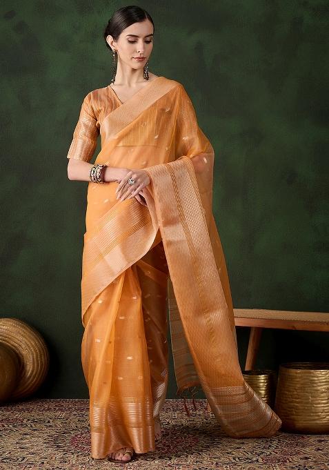 Orange Embroidered Oragnza Saree Set