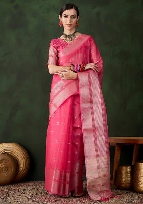 Pink Embroidered Oragnza Saree Set