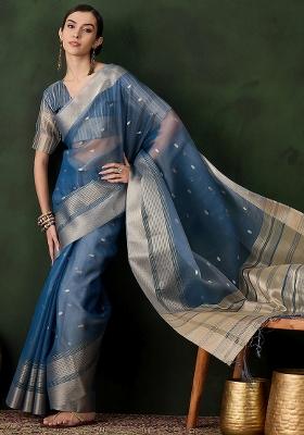 Teal Blue Embroidered Oragnza Saree Set