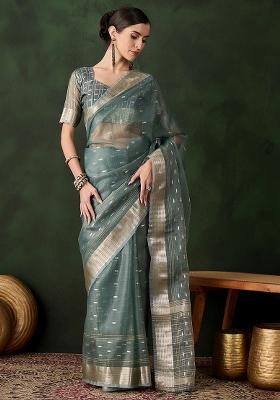 Green Embroidered Oragnza Saree Set