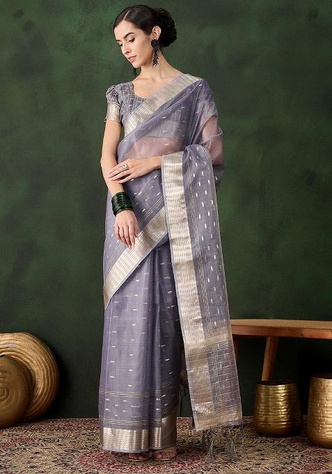 Grey Embroidered Oragnza Saree Set
