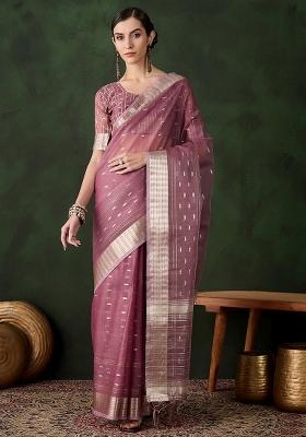 Magenta Embroidered Oragnza Saree Set