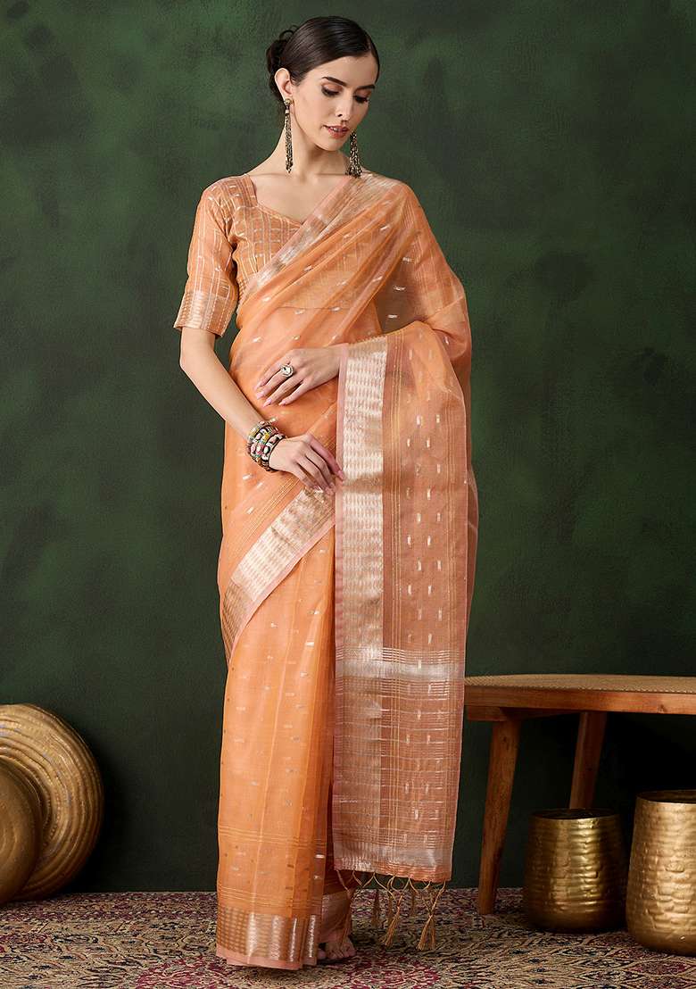 Peach Embroidered Oragnza Saree Set - Indya