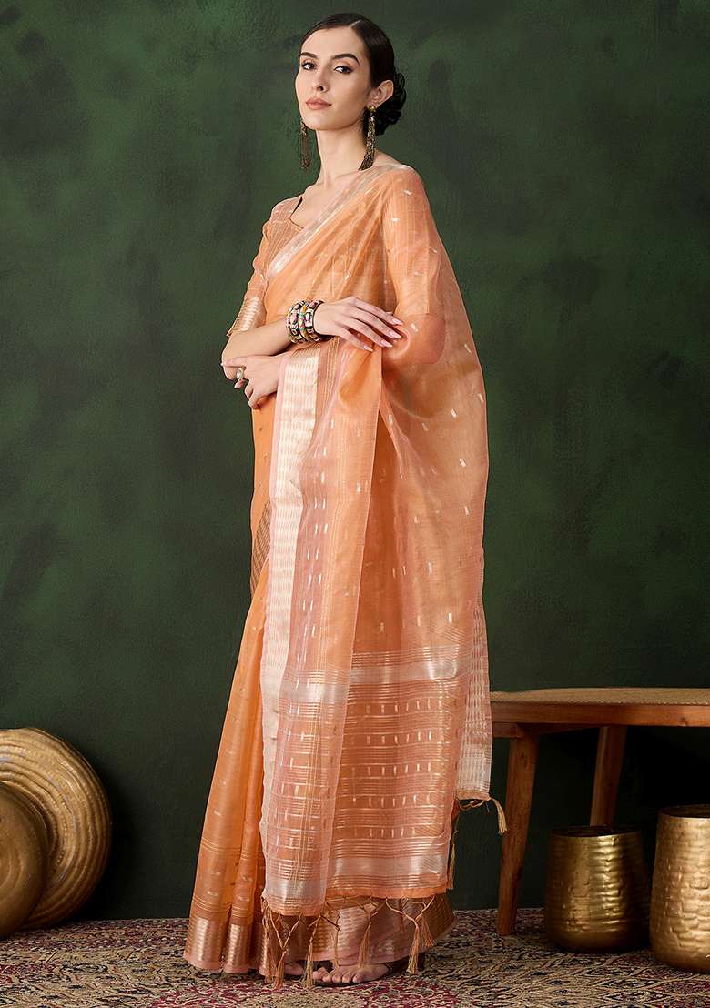 Peach Embroidered Oragnza Saree Set - Indya