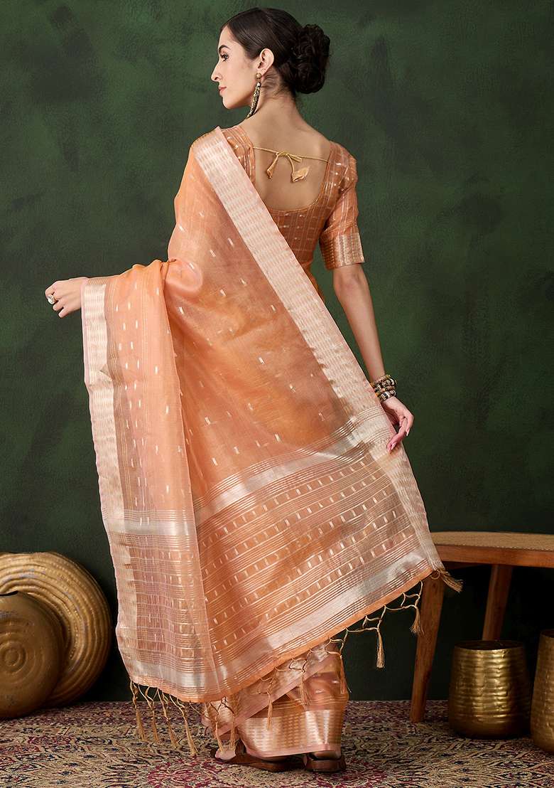 Peach Embroidered Oragnza Saree Set - Indya