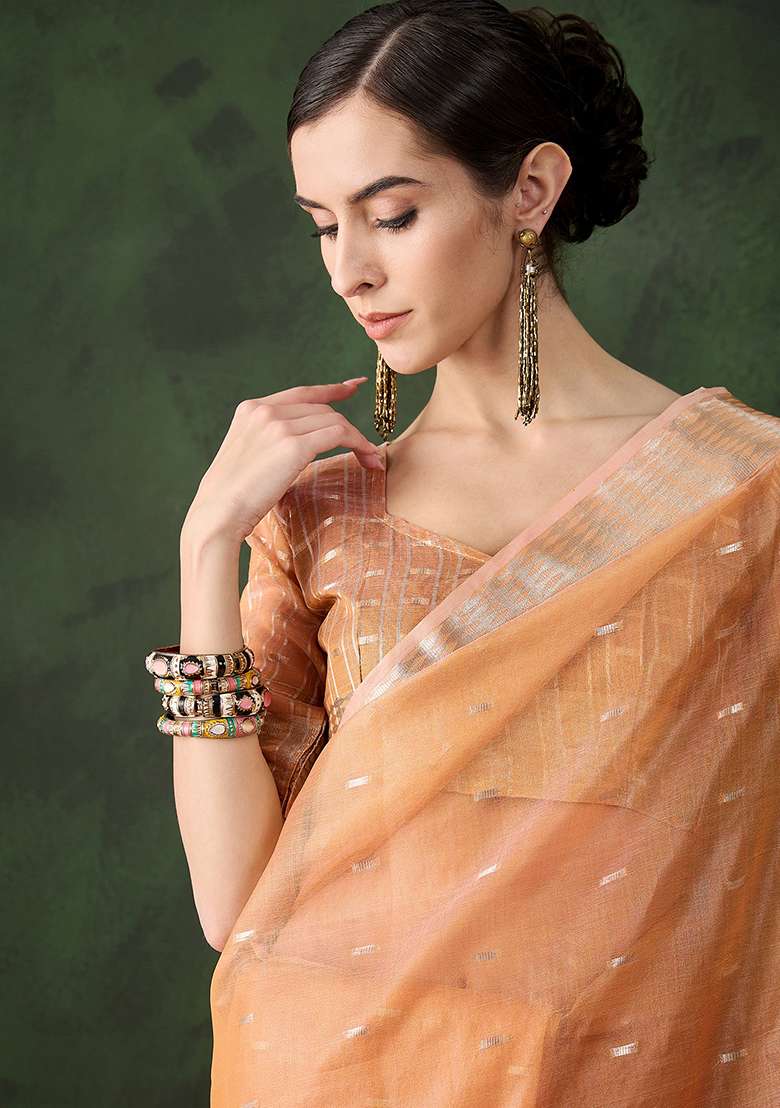 Peach Embroidered Oragnza Saree Set - Indya