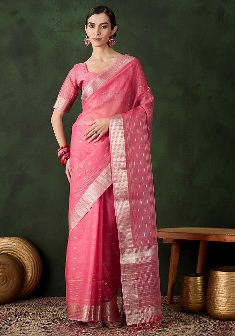 Pink Embroidered Oragnza Saree Set