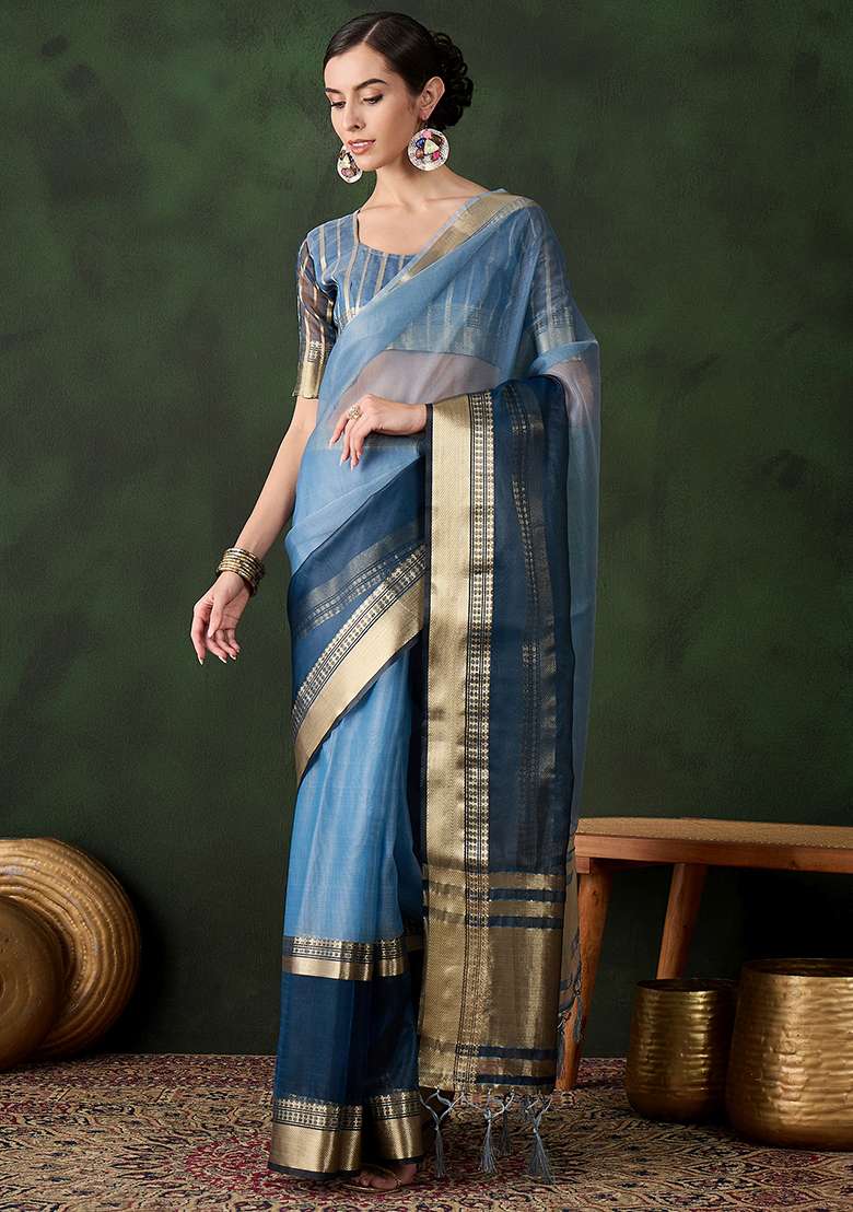 Blue Oragnza Saree Set with Embroidered for Diwali | Wedding & Festive Wear - Indya