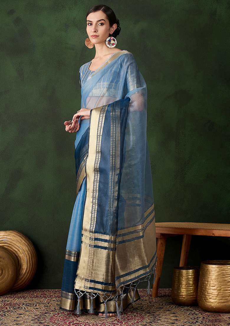 Blue Oragnza Saree Set with Embroidered for Diwali | Wedding & Festive Wear - Indya