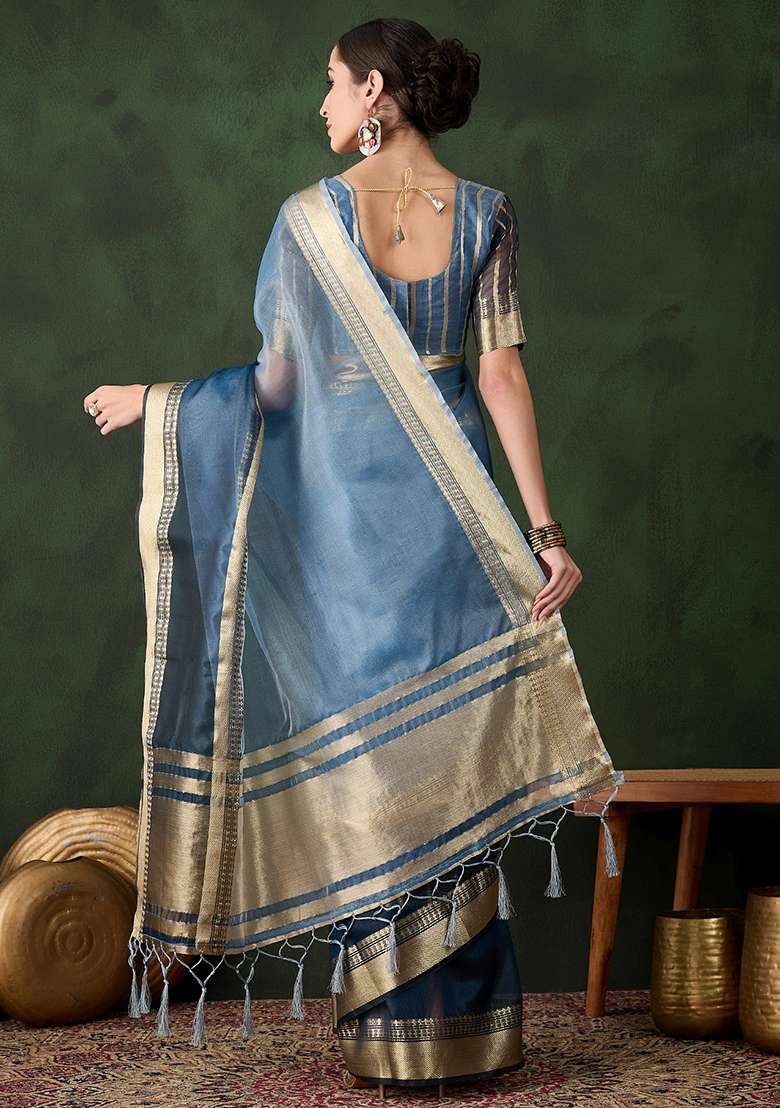 Blue Oragnza Saree Set with Embroidered for Diwali | Wedding & Festive Wear - Indya