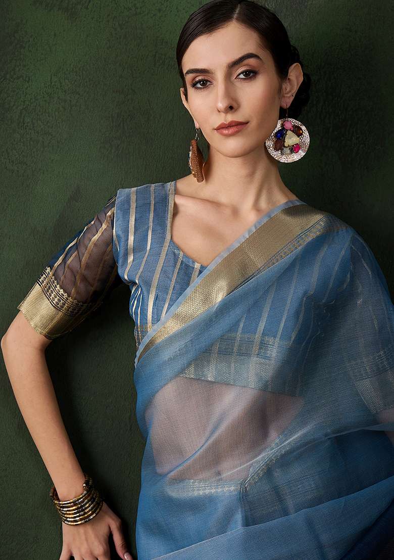 Blue Oragnza Saree Set with Embroidered for Diwali | Wedding & Festive Wear - Indya