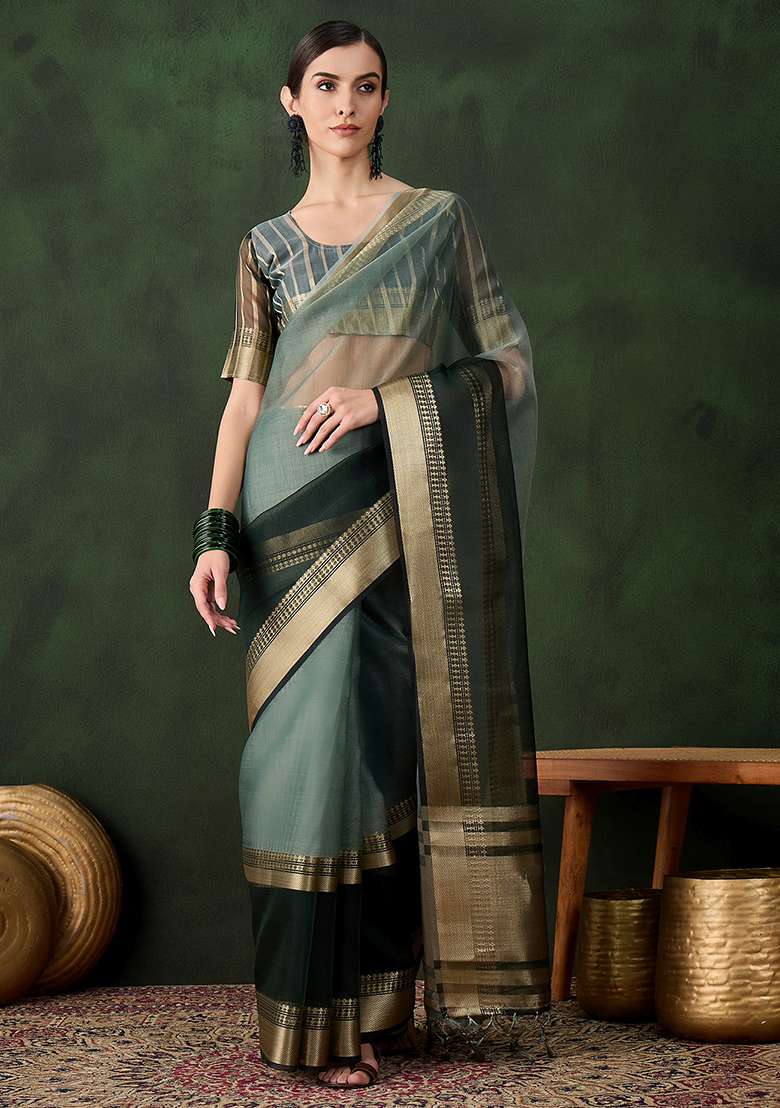 Green Embroidered Oragnza Saree Set for Diwali and Festive Wear - Indya