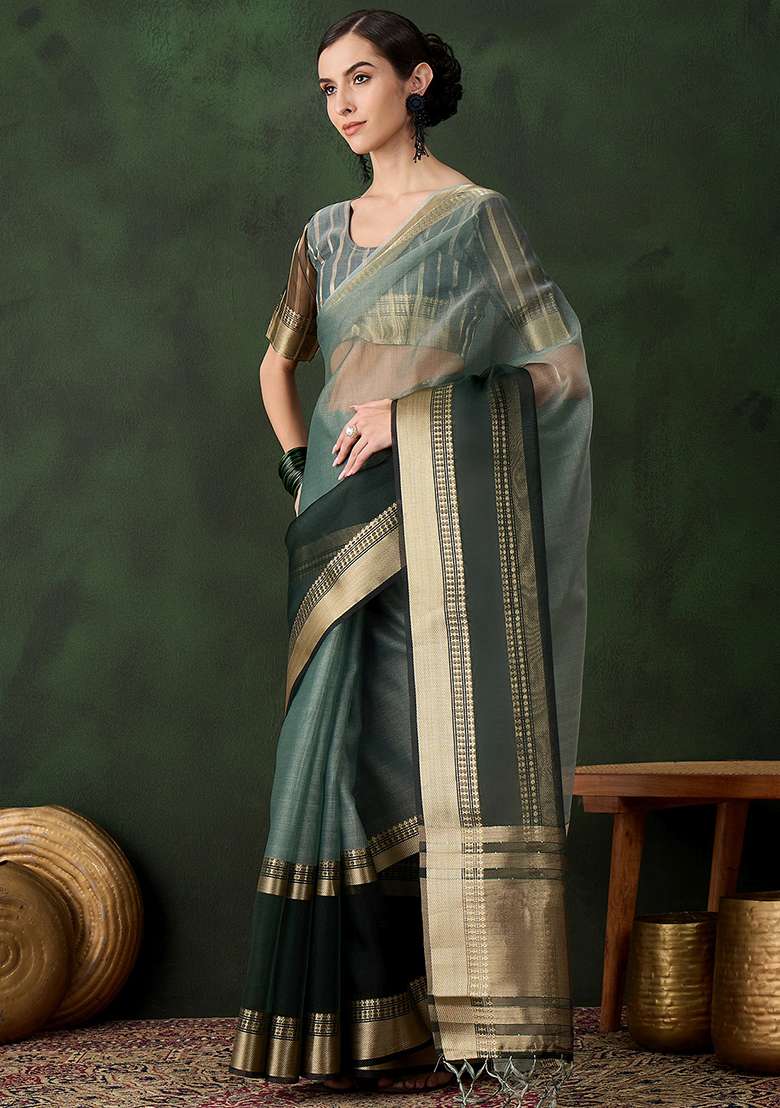 Green Embroidered Oragnza Saree Set for Diwali and Festive Wear - Indya