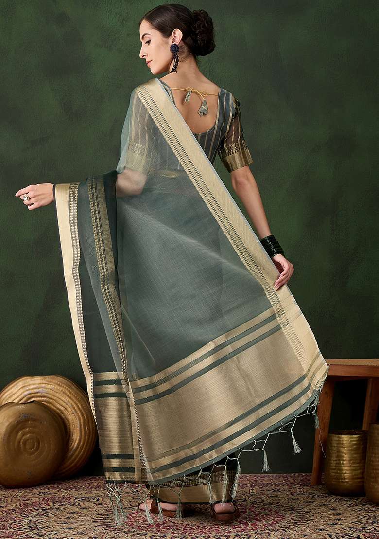 Green Embroidered Oragnza Saree Set for Diwali and Festive Wear - Indya