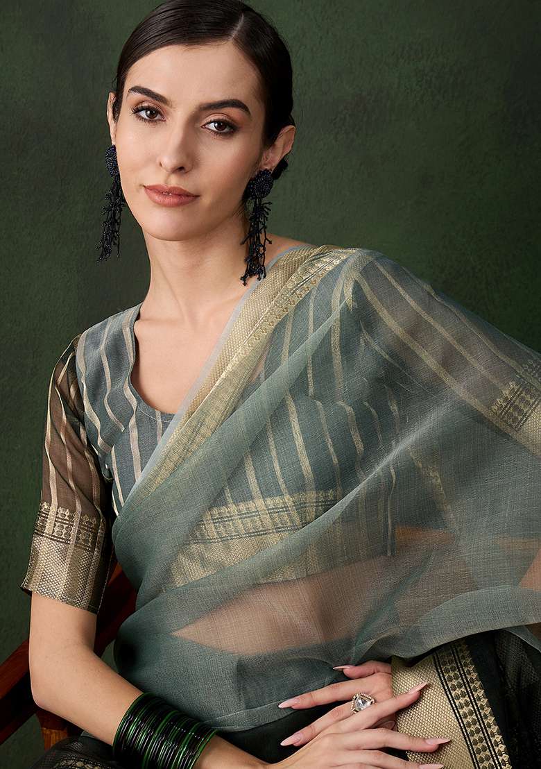 Green Embroidered Oragnza Saree Set for Diwali and Festive Wear - Indya